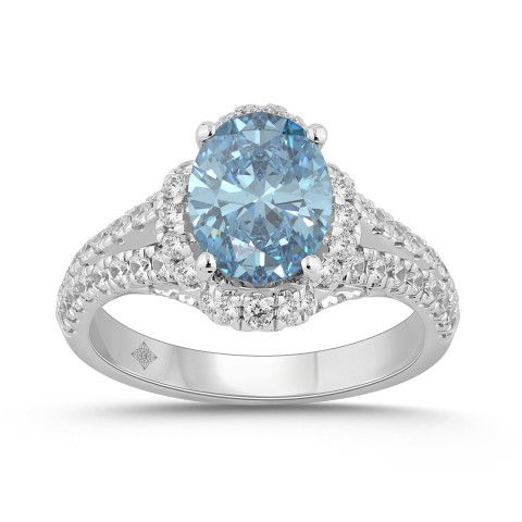 14K WHITE GOLD 2 3/4CT ROUND/BLUE SAPPHIRE OVAL DIAMOND LADIES RING (CENTER STONE BLUE SAPPHIRE OVAL DIAMOND 2CT)