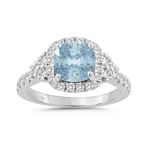14K WHITE GOLD 2 3/4CT ROUND/BLUE SAPPHIRE CUSHION DIAMOND LADIES RING (CENTER STONE BLUE SAPPHIRE CUSHION DIAMOND 2CT)