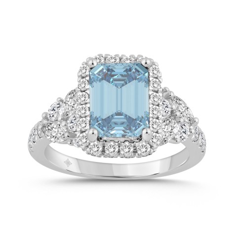 14K WHITE GOLD 4 1/2CT ROUND/MARQUISE/BLUE SAPPHIRE EMERALD DIAMOND LADIES RING (CENTER STONE BLUE SAPPHIRE EMERALD DIAMOND 2CT)
