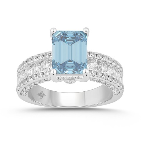 14K WHITE GOLD 4 1/2CT ROUND/BLUE SAPPHIRE EMERALD DIAMOND LADIES RING (CENTER STONE BLUE SAPPHIRE EMERALD DIAMOND 3CT)