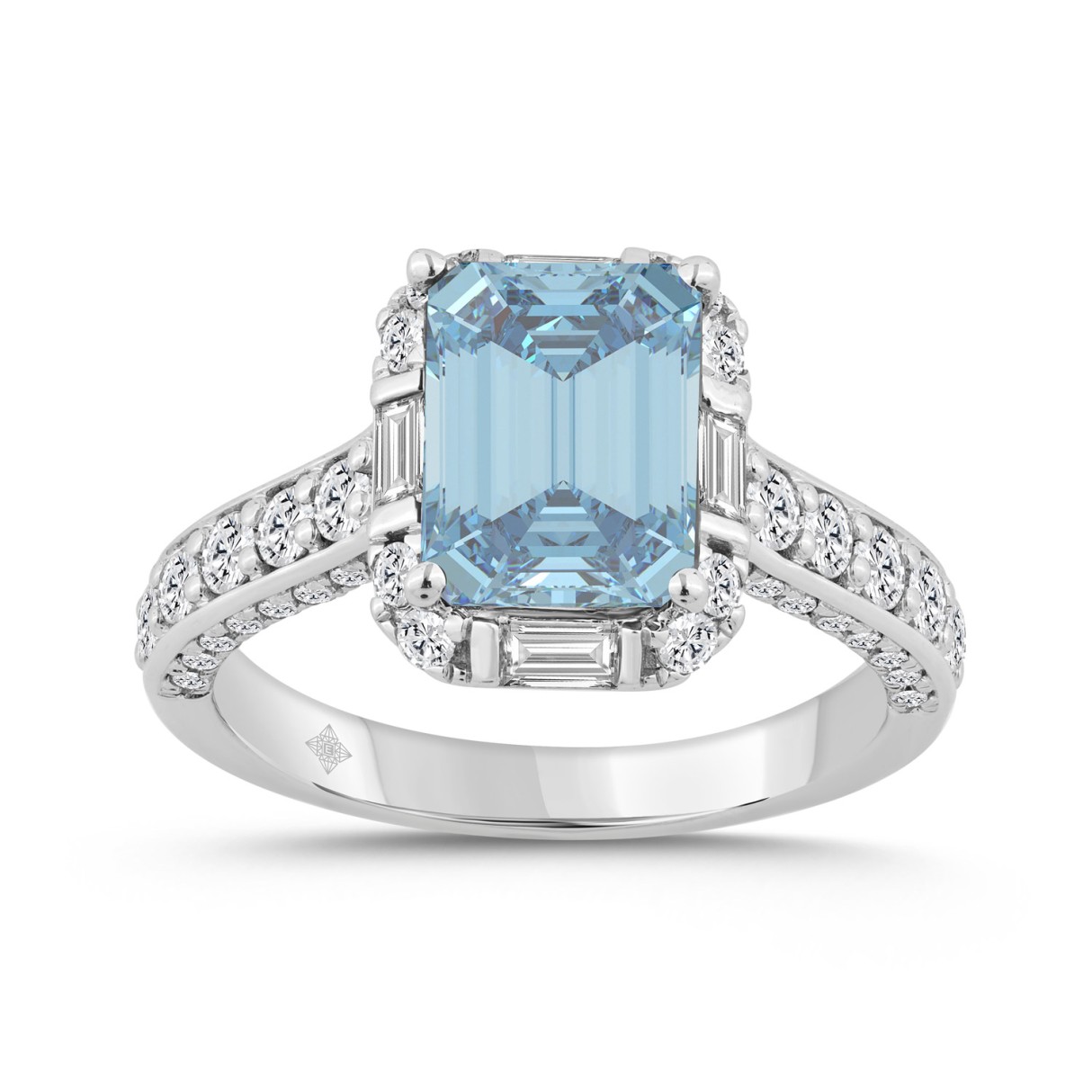 14K WHITE GOLD 4.00CT ROUND/BAGUETTE/BLUE SAPPHIRE EMERALD DIAMOND LADIES RING (CENTER STONE BLUE SAPPHIRE EMERALD DIAMOND 3CT)