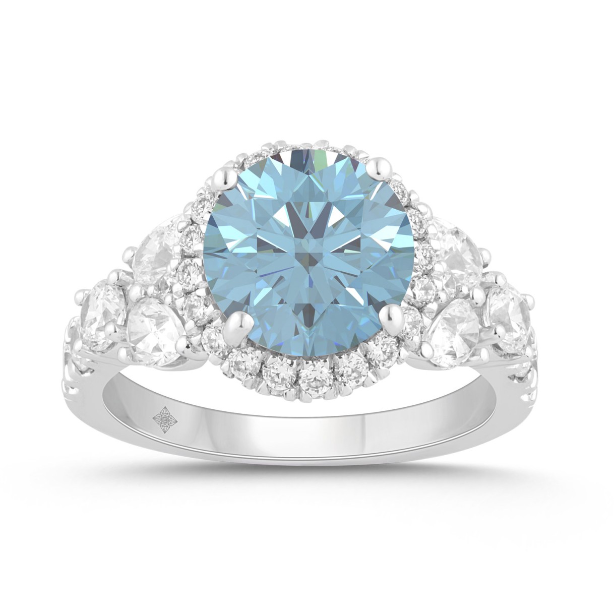 14K WHITE GOLD 4 3/4CT ROUND/PEAR DIAMOND LADIES RING (CENTER STONE BLUE ROUND DIAMOND 3CT)