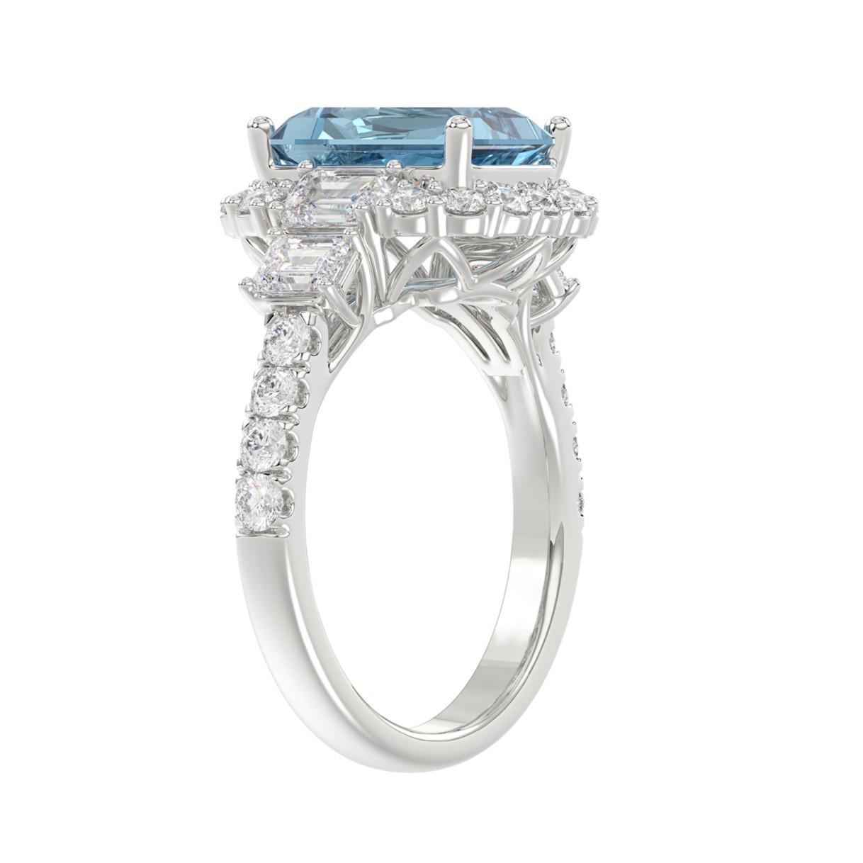 14K WHITE GOLD 4 1/2CT ROUND/EMERALD DIAMOND LADIES RING  (CENTER STONE RADIANT BLUE DIAMOND 3.00CT)