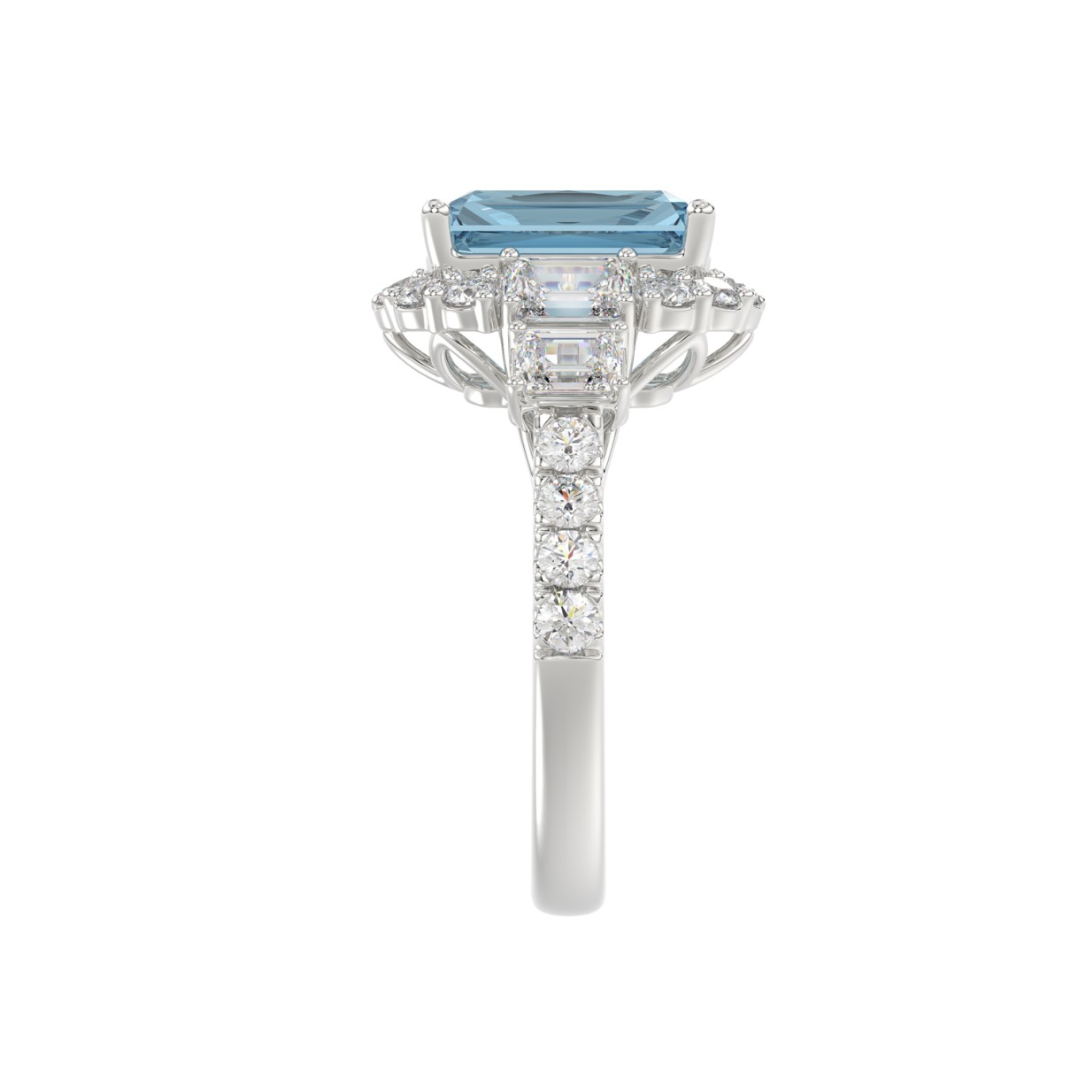 14K WHITE GOLD 4 1/2CT ROUND/EMERALD DIAMOND LADIES RING  (CENTER STONE RADIANT BLUE DIAMOND 3.00CT)