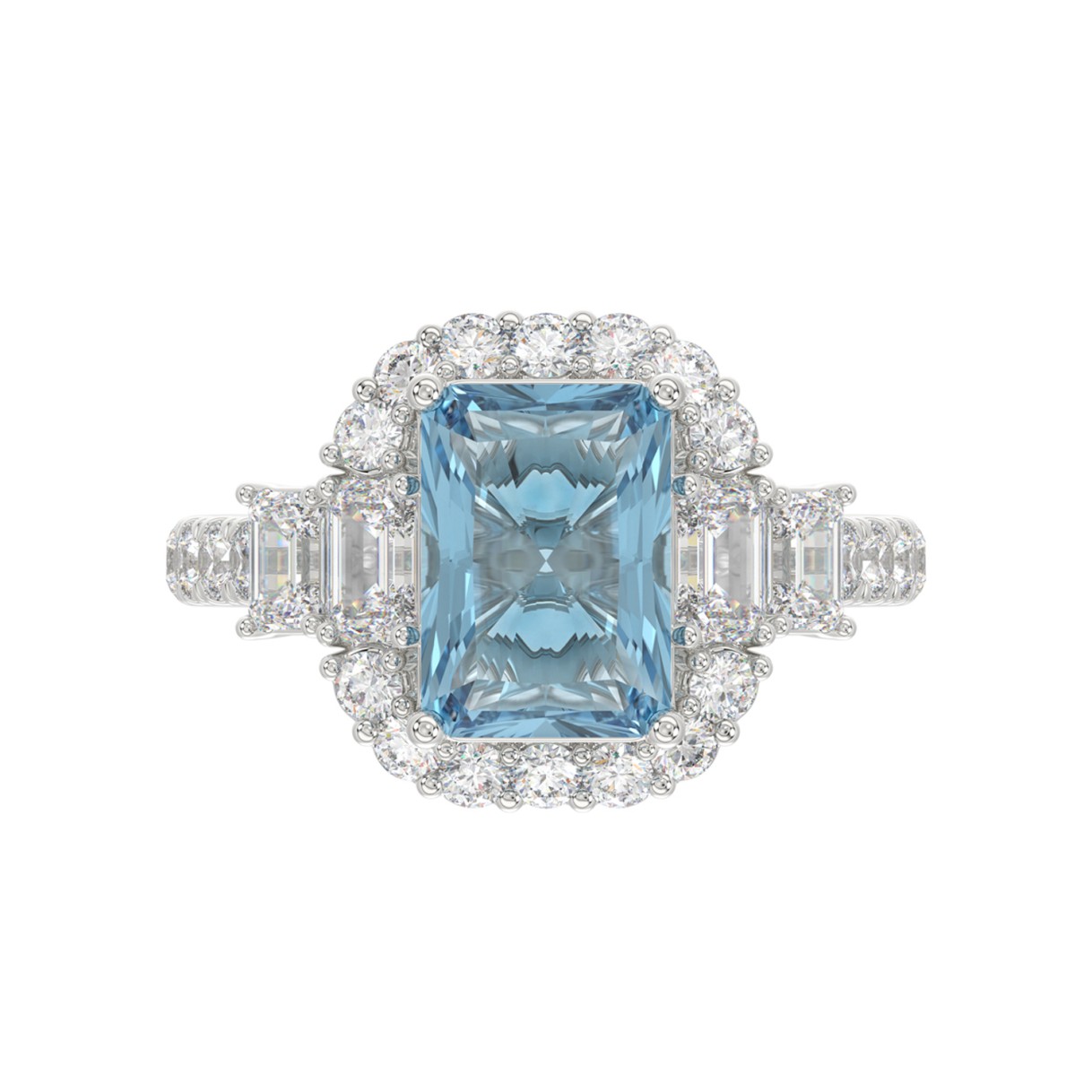 14K WHITE GOLD 4 1/2CT ROUND/EMERALD DIAMOND LADIES RING  (CENTER STONE RADIANT BLUE DIAMOND 3.00CT)