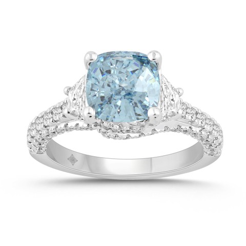 14K WHITE GOLD 4 1/4CT ROUND/BLUE SAPPHIRE CUSHION/TRAPEZOID DIAMOND LADIES RING (CENTER STONE BLUE SAPPHIRE CUSHION DIAMOND 3CT)
