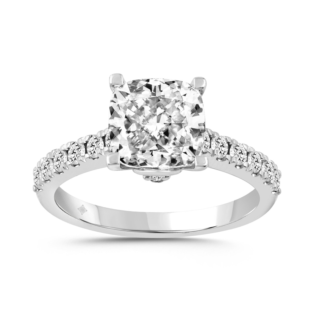 14K WHITE GOLD 2 1/2CT ROUND/CUSHION DIAMOND LADIES RING (CENTER STONE CUSHION DIAMOND 2CT)