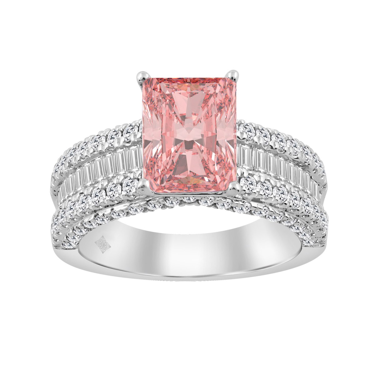 14K WHITE GOLD 4 1/4CT ROUND/RADIANT/BAGUETTE DIAMOND LADIES RING (CENTER STONE RADIANT PINK DIAMOND 3CT)