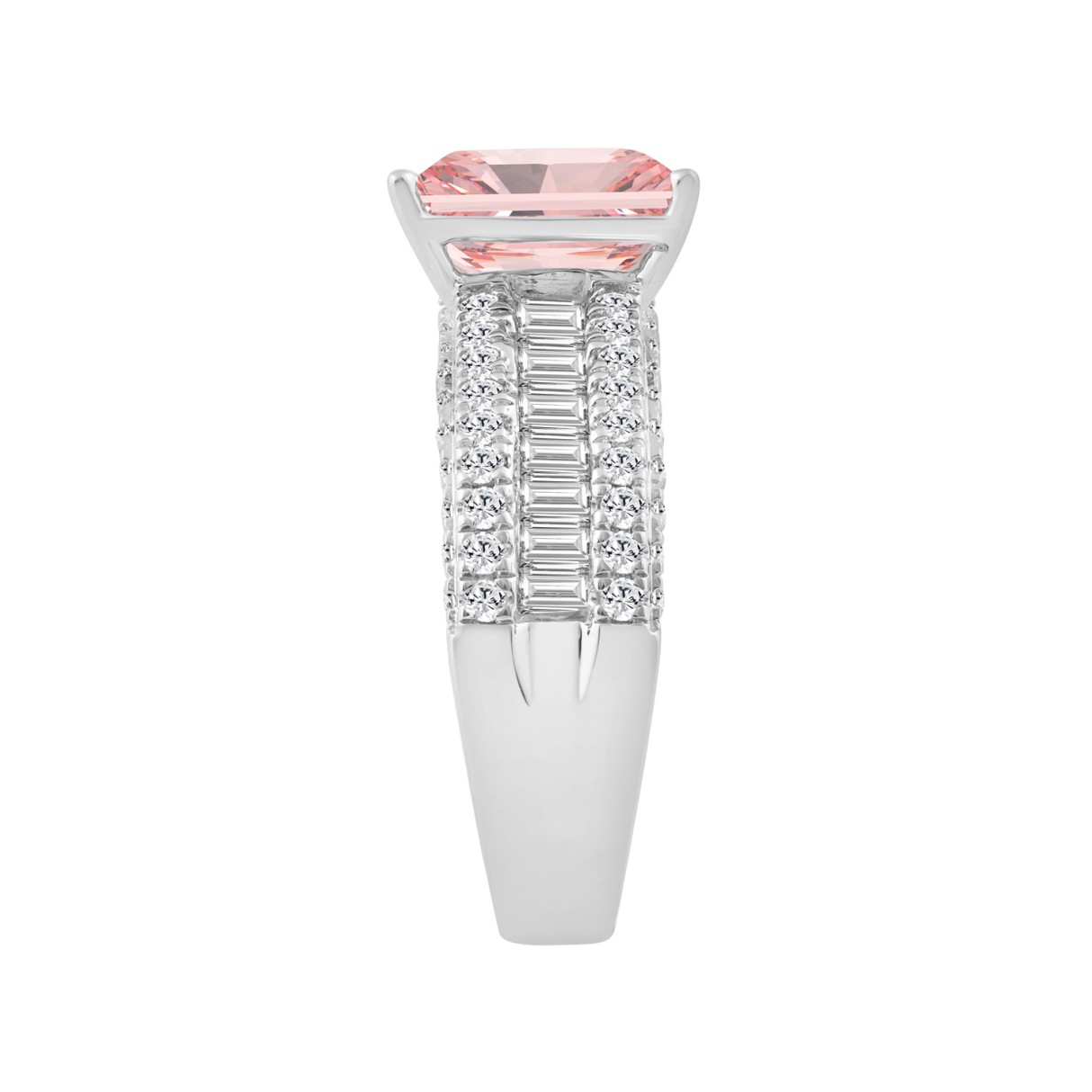 14K WHITE GOLD 4 1/4CT ROUND/RADIANT/BAGUETTE DIAMOND LADIES RING (CENTER STONE RADIANT PINK DIAMOND 3CT)