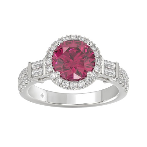 14K WHITE GOLD 2 1/2CT ROUND/BAGUETTE DIAMOND LADIES RING (CENTER STONE ROUND RUBY DIAMOND 2CT)