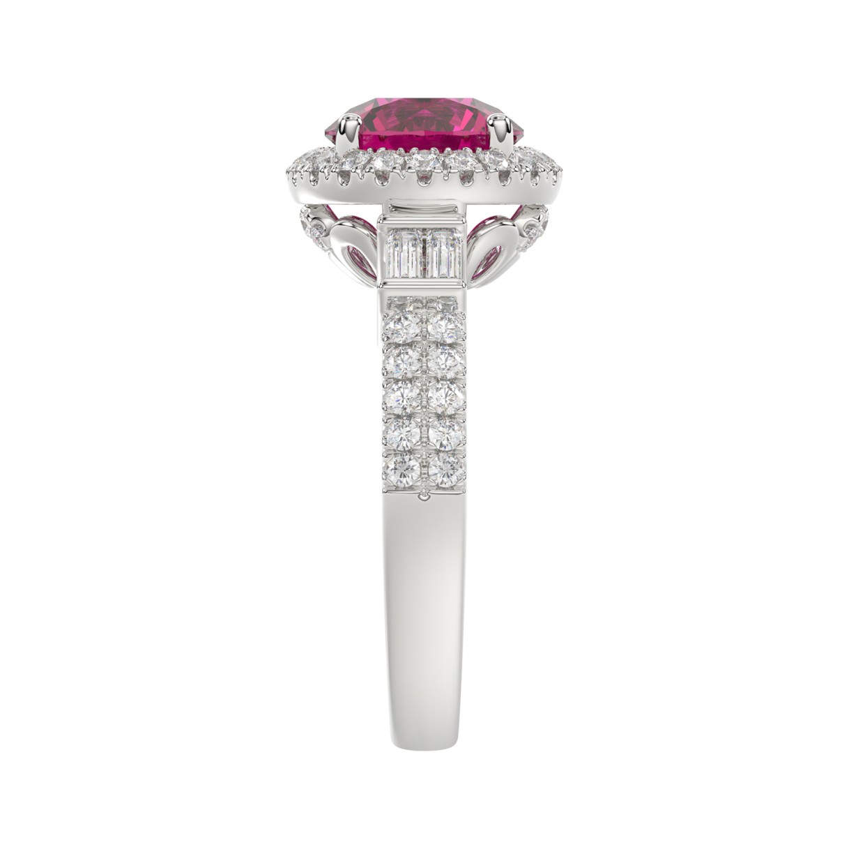 14K WHITE GOLD 2 1/2CT ROUND/BAGUETTE DIAMOND LADIES RING (CENTER STONE ROUND RUBY DIAMOND 2CT)