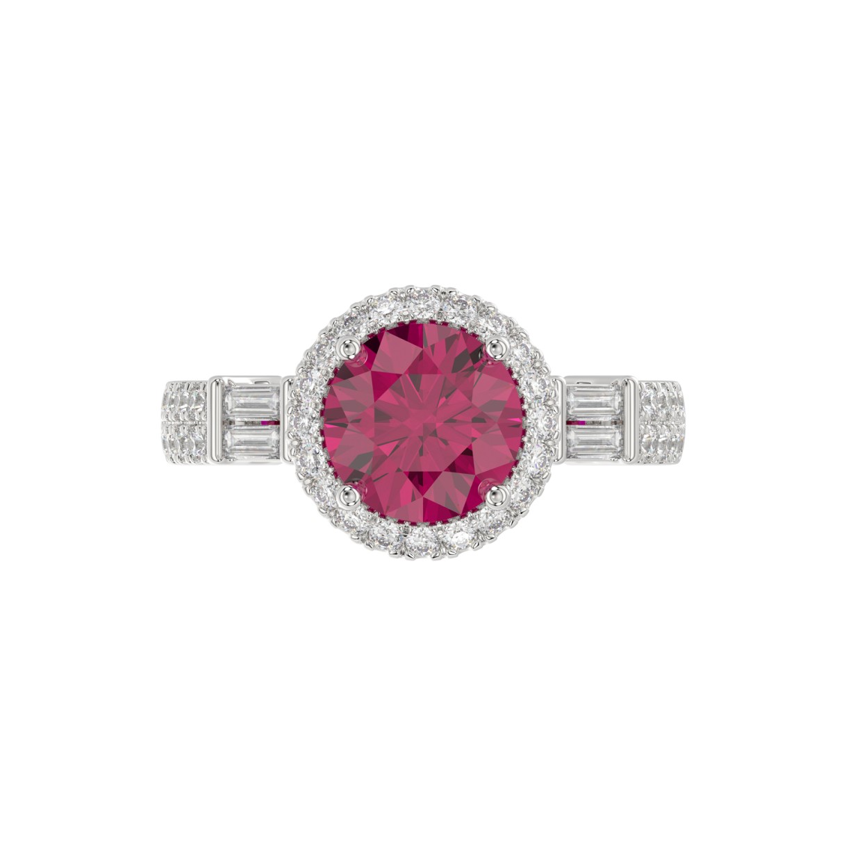 14K WHITE GOLD 2 1/2CT ROUND/BAGUETTE DIAMOND LADIES RING (CENTER STONE ROUND RUBY DIAMOND 2CT)