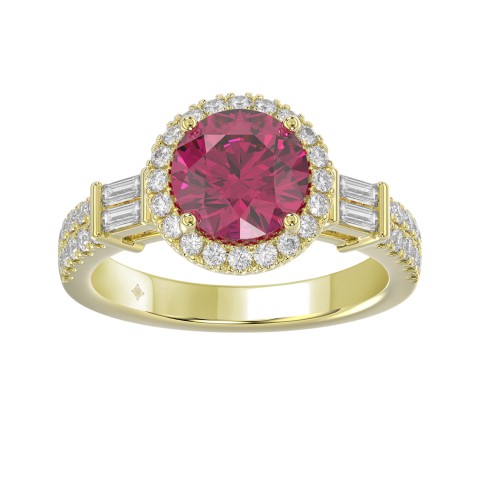 14K YELLOW GOLD 2 1/2CT ROUND/BAGUETTE DIAMOND LADIES RING (CENTER STONE ROUND RUBY DIAMOND 2CT)
