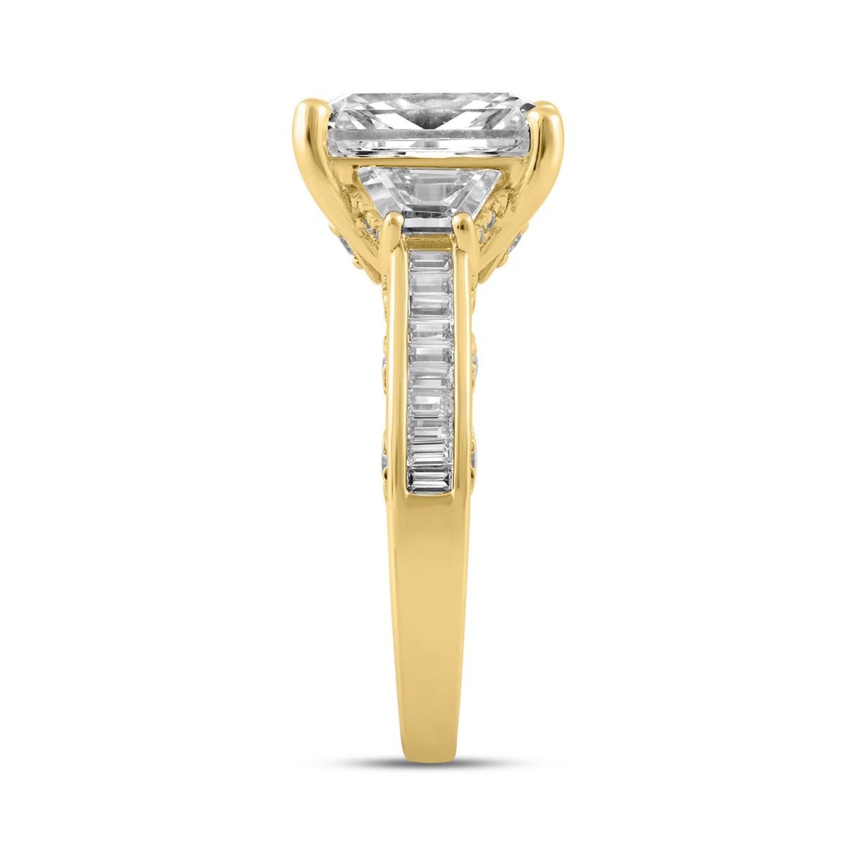 Luxury 14K Yellow Gold 4 1/4Ct Radiant & Round Lab Grown Diamond Engagement Ring 3.00Ct Radiant Center Stone With Trapezoid & Baguette Side Stones Trilogy Three Stone Ring For Women (Color F-G Clarity Vs1/Vs2)