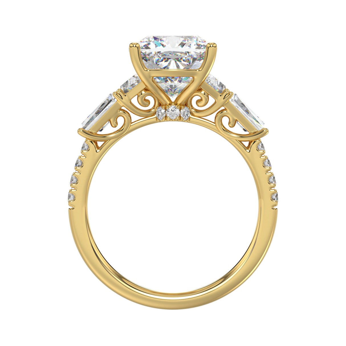 14K YELLOW GOLD 4.00CT ROUND/CUSHION/TRAPEZOID/HALF TAPER BAGUETTE DIAMOND LADIES RING (CENTER STONE CUSHION DIAMOND 3CT)