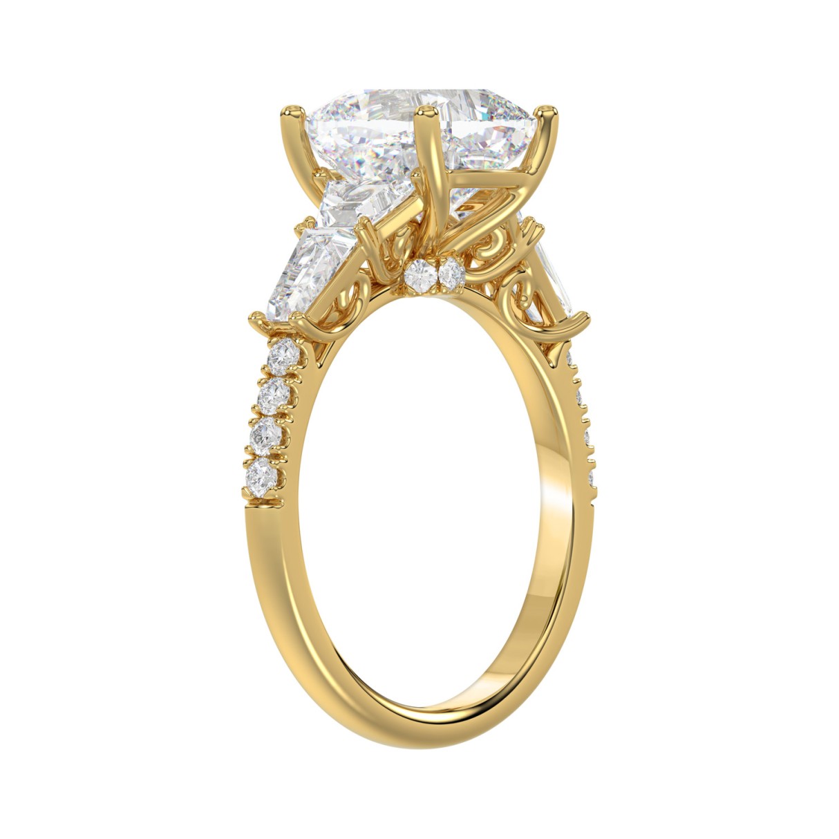 14K YELLOW GOLD 4.00CT ROUND/CUSHION/TRAPEZOID/HALF TAPER BAGUETTE DIAMOND LADIES RING (CENTER STONE CUSHION DIAMOND 3CT)