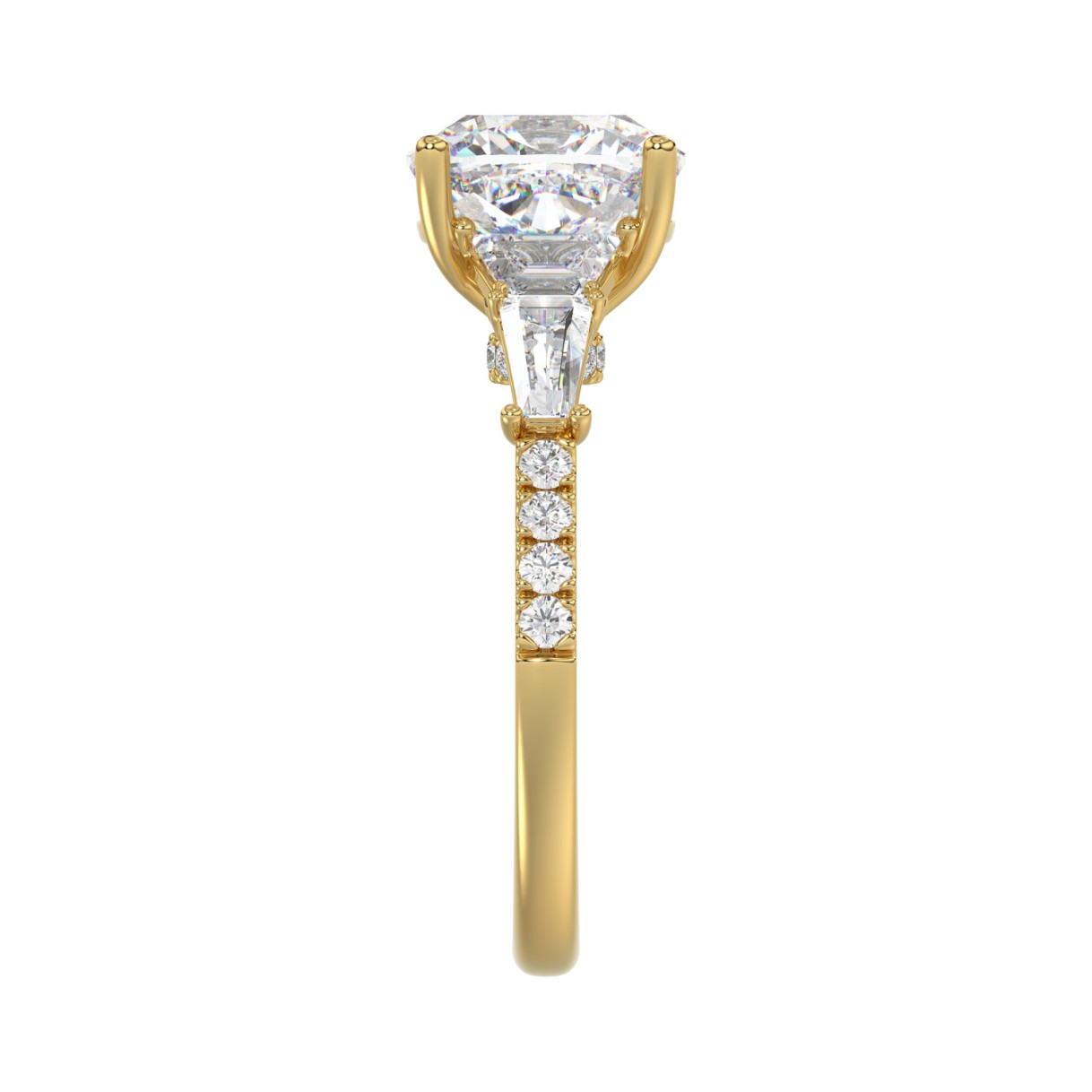 14K YELLOW GOLD 4.00CT ROUND/CUSHION/TRAPEZOID/HALF TAPER BAGUETTE DIAMOND LADIES RING (CENTER STONE CUSHION DIAMOND 3CT)