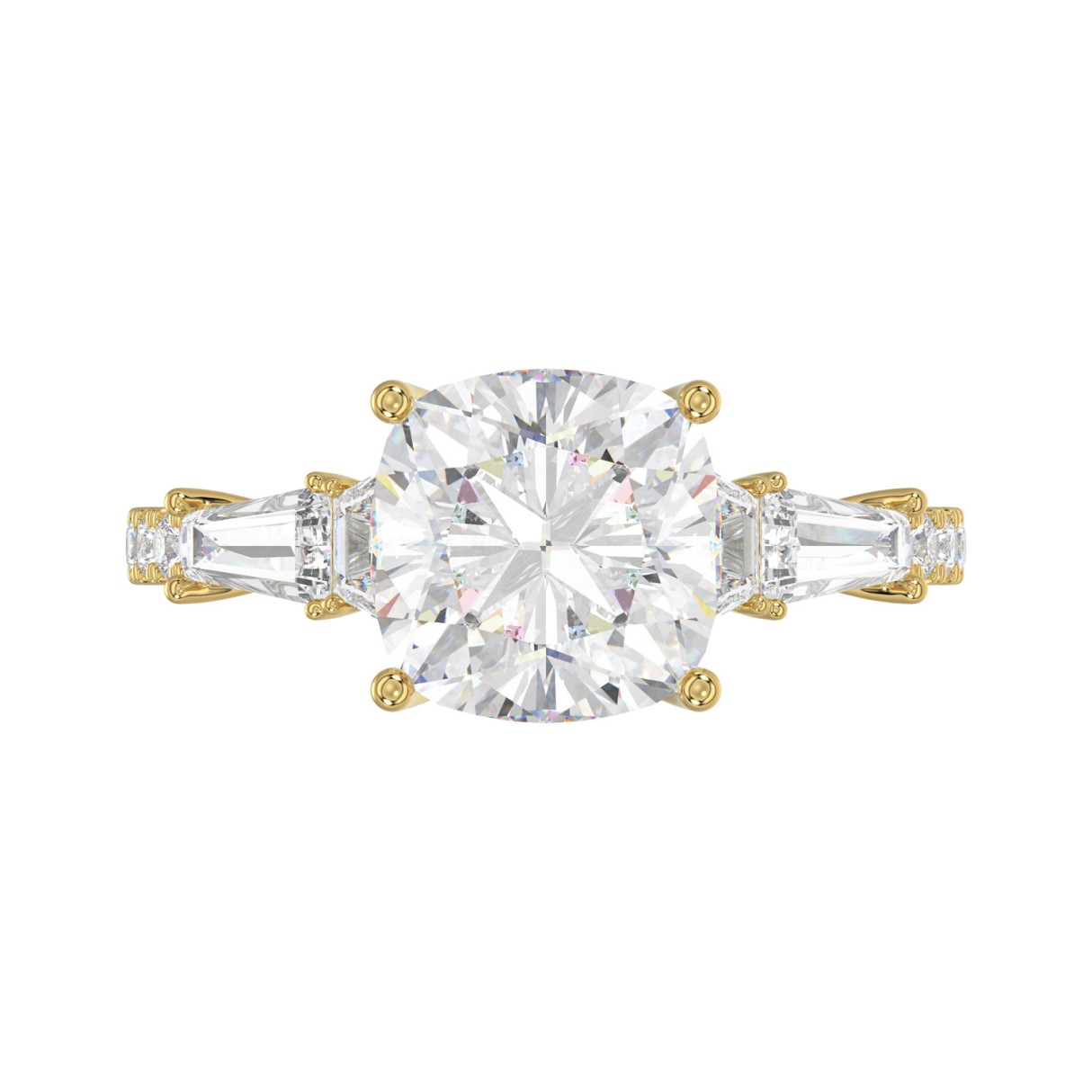 14K YELLOW GOLD 4.00CT ROUND/CUSHION/TRAPEZOID/HALF TAPER BAGUETTE DIAMOND LADIES RING (CENTER STONE CUSHION DIAMOND 3CT)