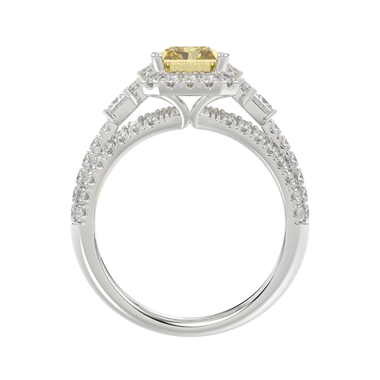 14K WHITE GOLD 3.00CT ROUND/BAGUETTE/YELLOW RADIANT DIAMOND LADIES RING (CENTER STONE RADIANT YELLOW DIAMOND 2.00CT)