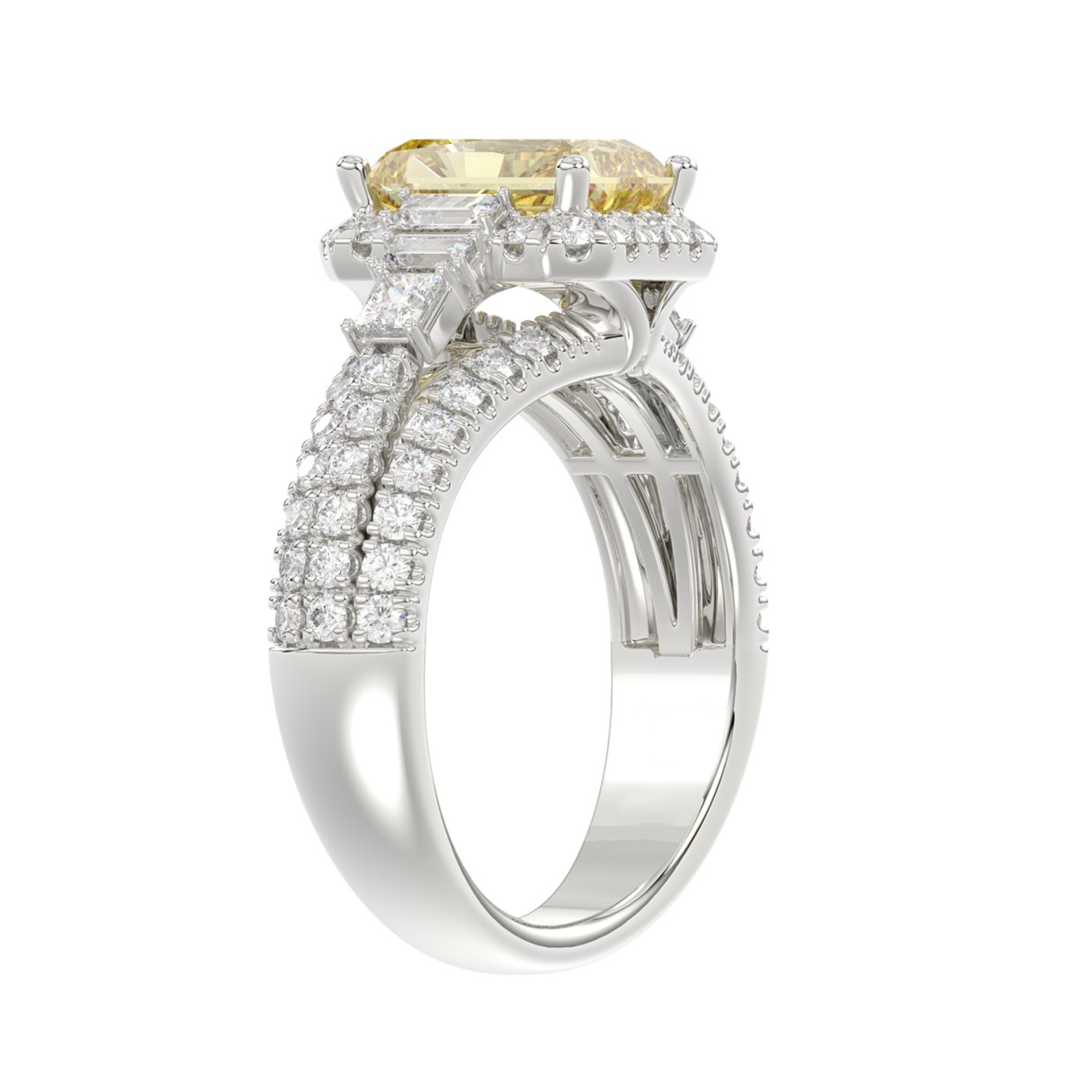 14K WHITE GOLD 3.00CT ROUND/BAGUETTE/YELLOW RADIANT DIAMOND LADIES RING (CENTER STONE RADIANT YELLOW DIAMOND 2.00CT)