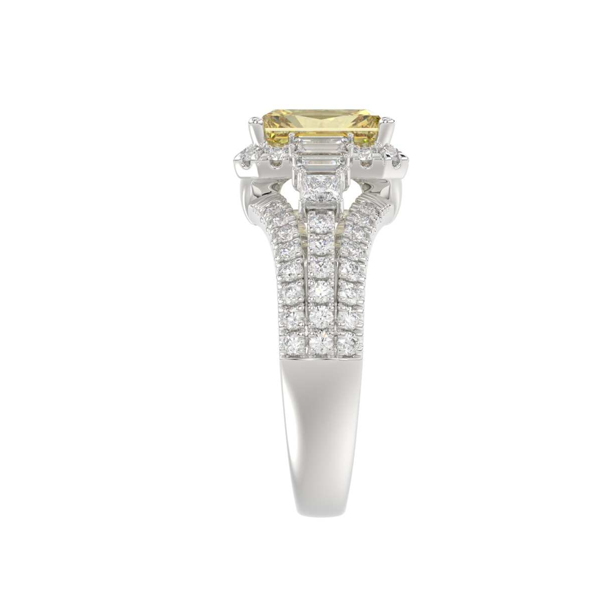 14K WHITE GOLD 3.00CT ROUND/BAGUETTE/YELLOW RADIANT DIAMOND LADIES RING (CENTER STONE RADIANT YELLOW DIAMOND 2.00CT)