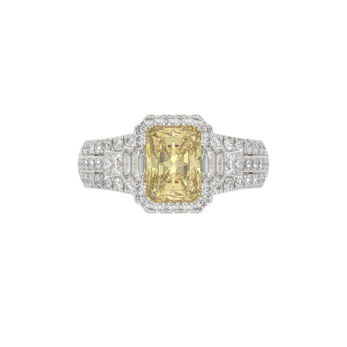 14K WHITE GOLD 3.00CT ROUND/BAGUETTE/YELLOW RADIANT DIAMOND LADIES RING (CENTER STONE RADIANT YELLOW DIAMOND 2.00CT)