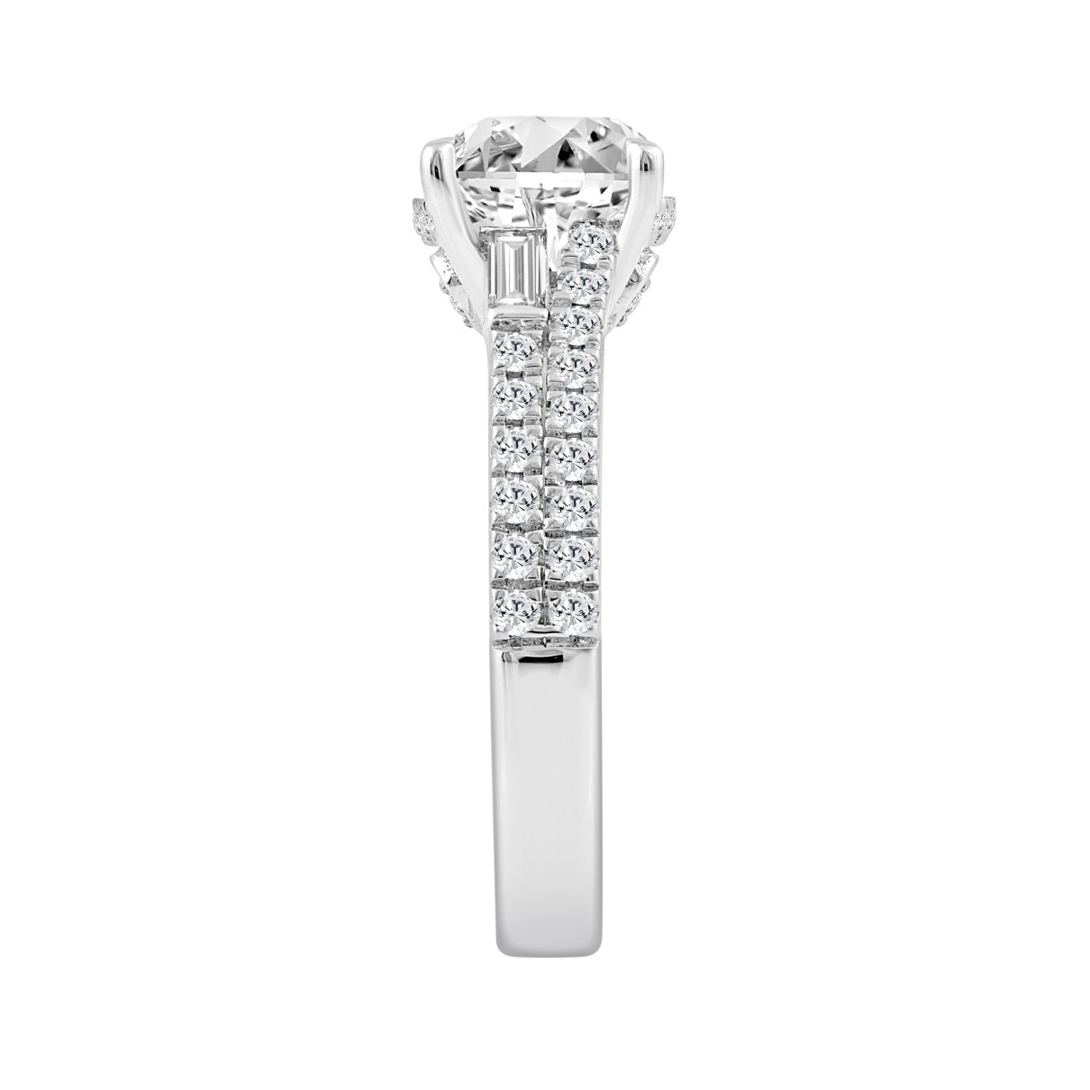 14K WHITE GOLD 2 1/2CT ROUND/CUSHION/BAGUETTE DIAMOND LADIES RING (CENTER STONE CUSHION DIAMOND 2CT)