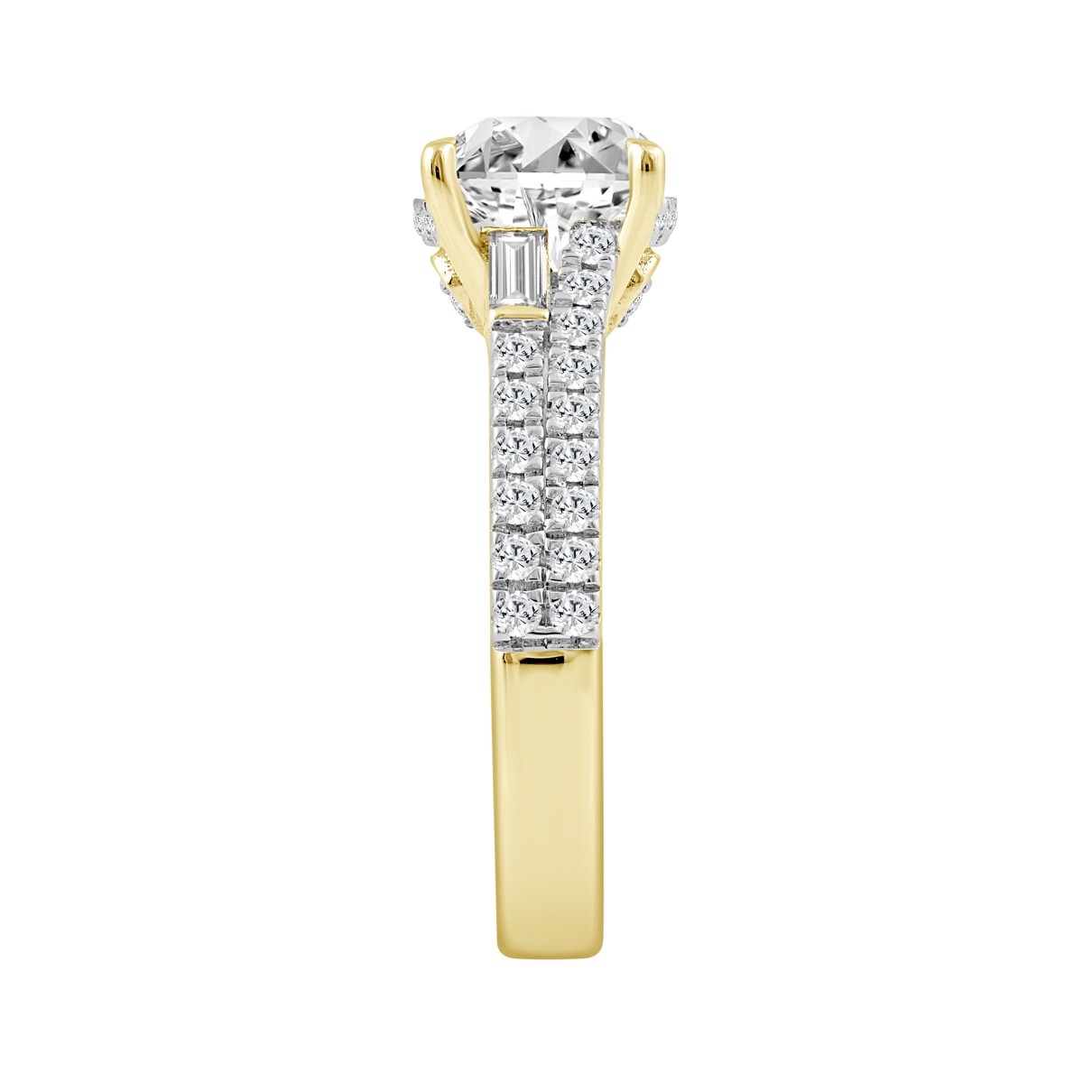 14K YELLOW GOLD 2 1/2CT ROUND/CUSHION/BAGUETTE DIAMOND LADIES RING (CENTER STONE CUSHION DIAMOND 2CT)