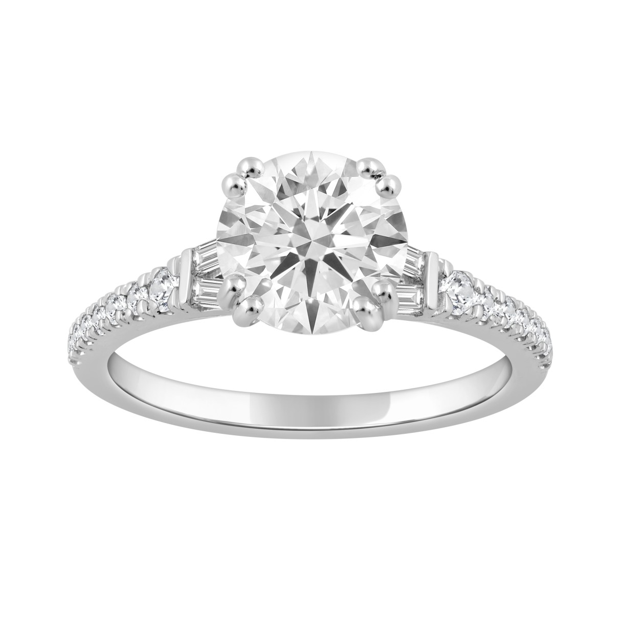 14K WHITE GOLD 2 1/4CT ROUND/BAGUETTE DIAMOND LADIES RING (CENTER STONE ROUND DIAMOND 2CT)