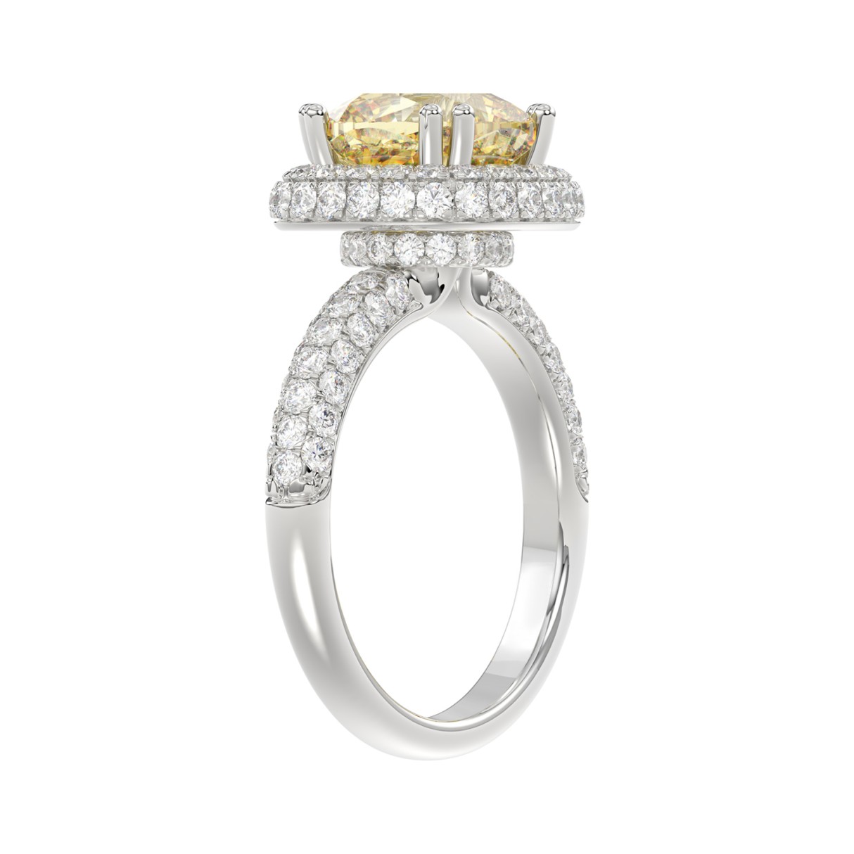 14K WHITE GOLD  4.00CT ROUND/YELLOW CUSHION DIAMOND LADIES RING (CENTER STONE CUSHION YELLOW DIAMOND 3.00CT)