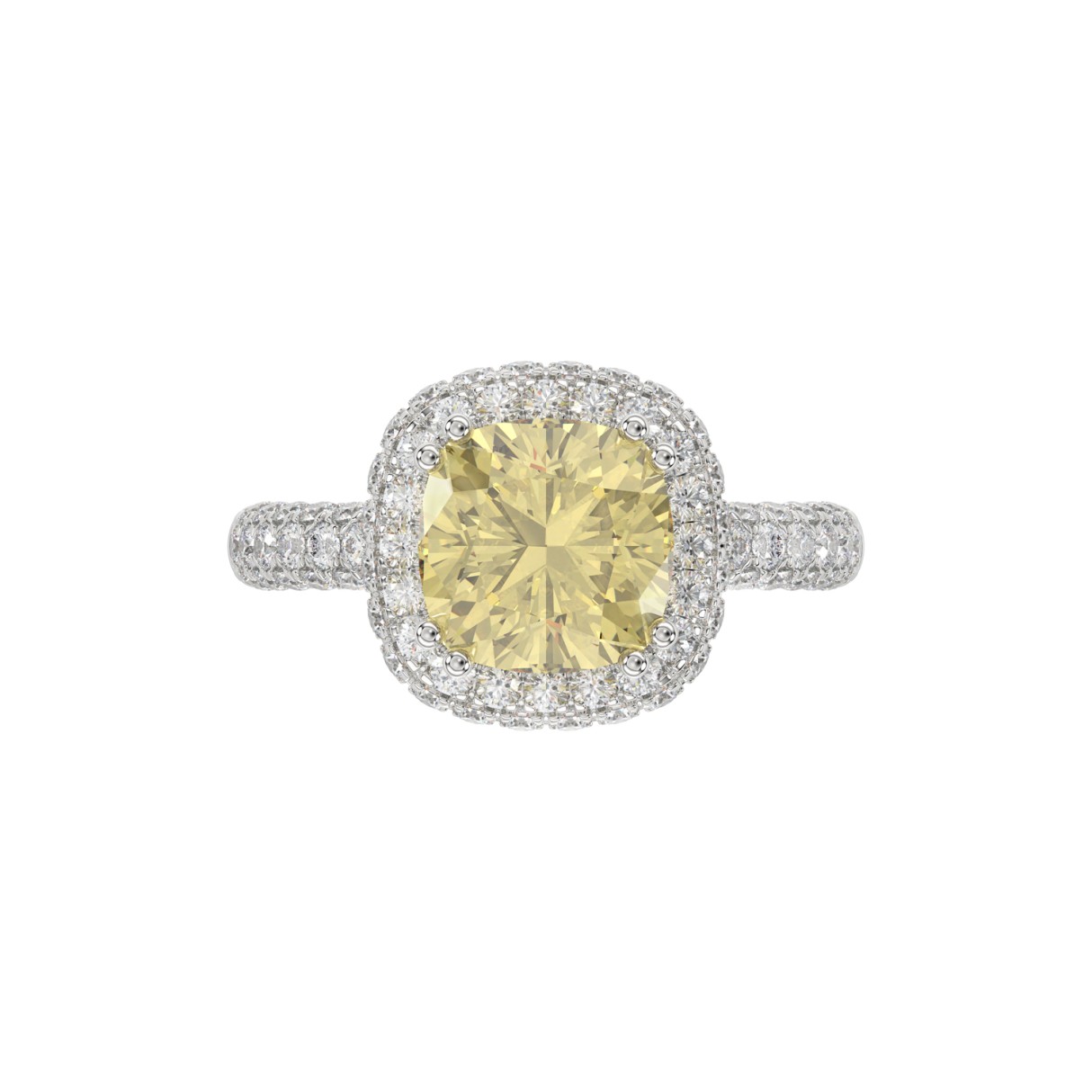 14K WHITE GOLD  4.00CT ROUND/YELLOW CUSHION DIAMOND LADIES RING (CENTER STONE CUSHION YELLOW DIAMOND 3.00CT)