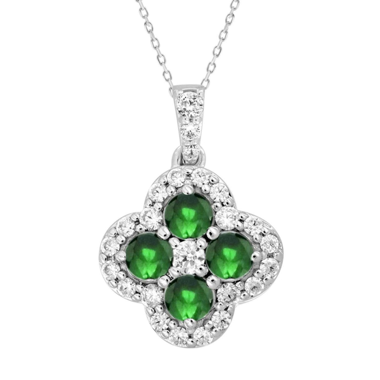 14K WHITE GOLD 1 1/3CT ROUND/EMERALD DIAMOND LADIES PENDANT (GREEN EMERALD  4 STONE)