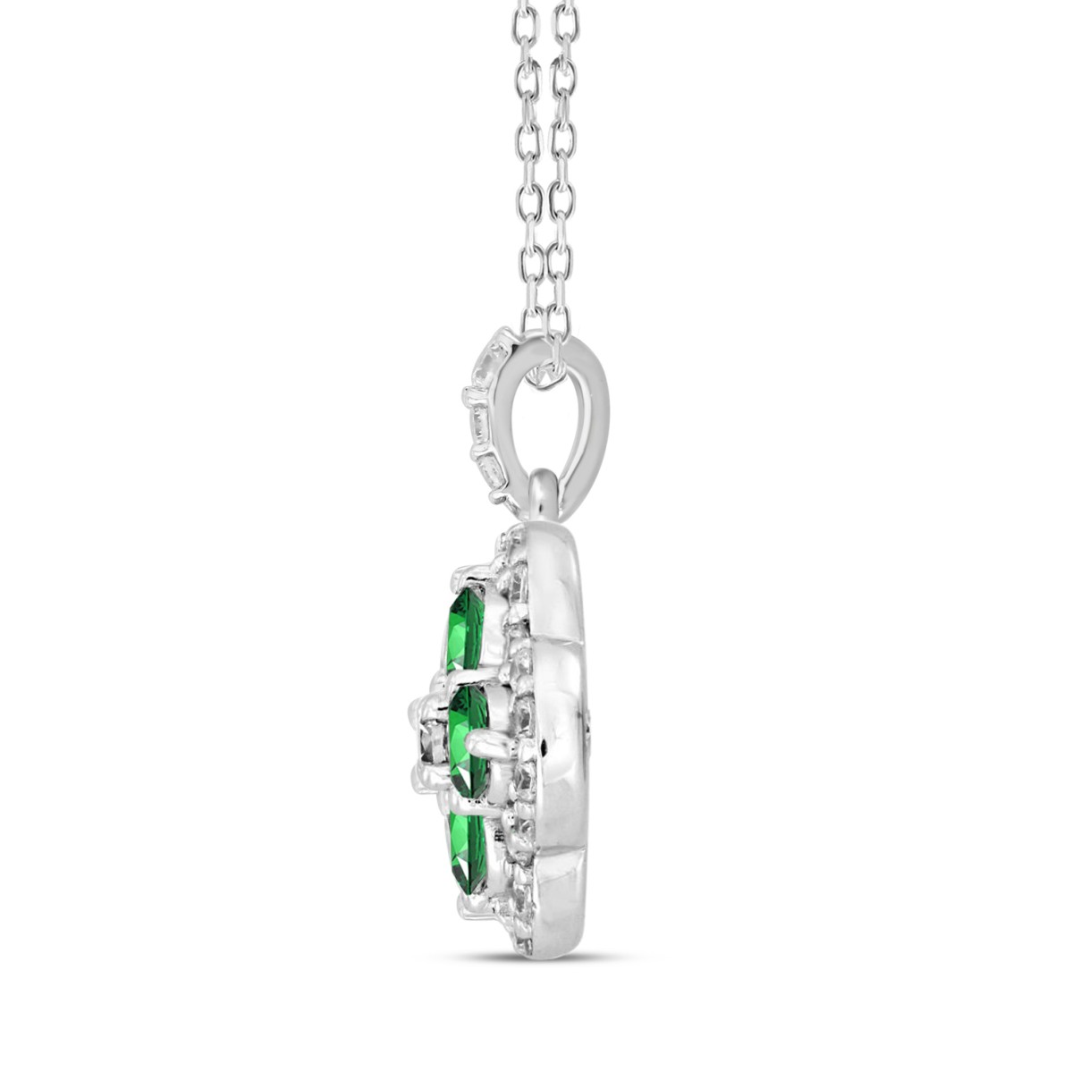 14K WHITE GOLD 1 1/3CT ROUND/EMERALD DIAMOND LADIES PENDANT (GREEN EMERALD  4 STONE)