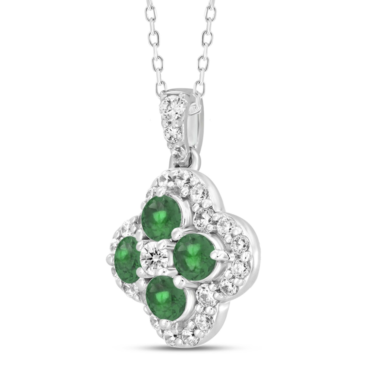 14K WHITE GOLD 1 1/3CT ROUND/EMERALD DIAMOND LADIES PENDANT (GREEN EMERALD  4 STONE)