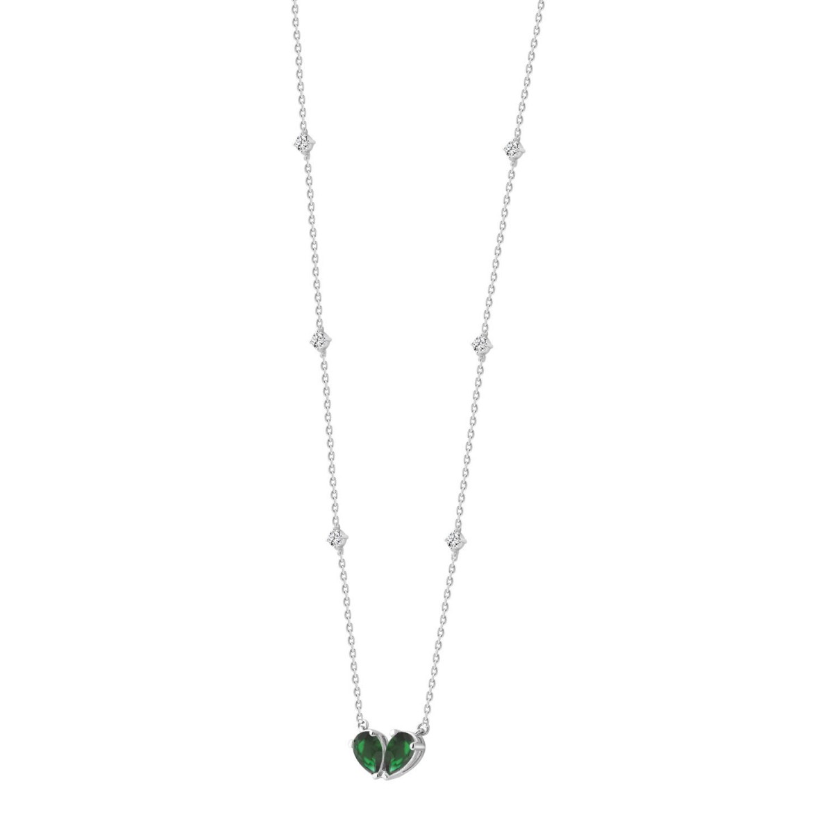 14K WHITE GOLD 2.00CT ROUND/PEAR DIAMOND LADIES NECKLACE (GREEN EMERALD PEAR 2 STONE)