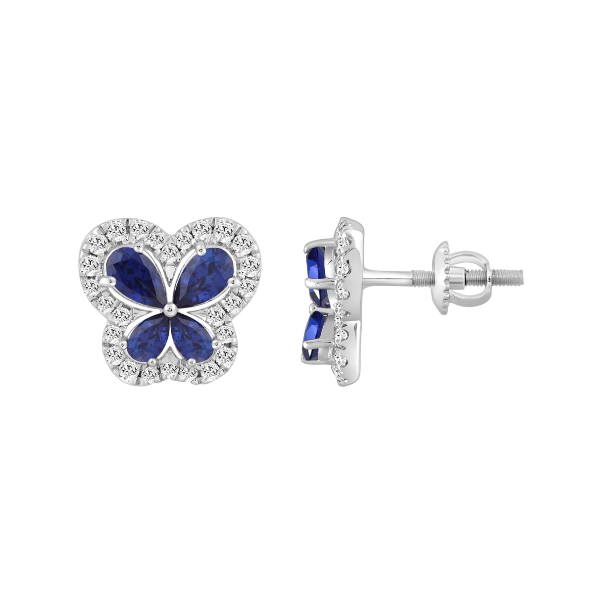 14K WHITE GOLD 1 1/2CT ROUND DIAMOND LADIES EARRINGS (PEAR BLUE SAPPHIRE 8 STONE)