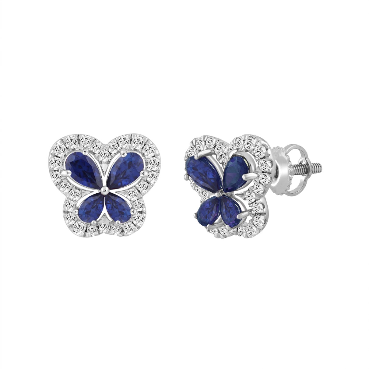 14K WHITE GOLD 1 1/2CT ROUND DIAMOND LADIES EARRINGS (PEAR BLUE SAPPHIRE 8 STONE)