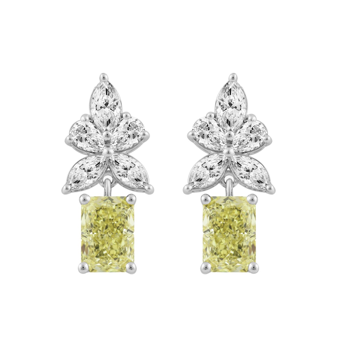 14K WHITE/YELLOW GOLD 3.00CT PEAR/MARQUISE/YELLOW RADIANT DIAMOND LADIES EARRING  (CENTER STONE RADIANT DIAMOND 1CT)