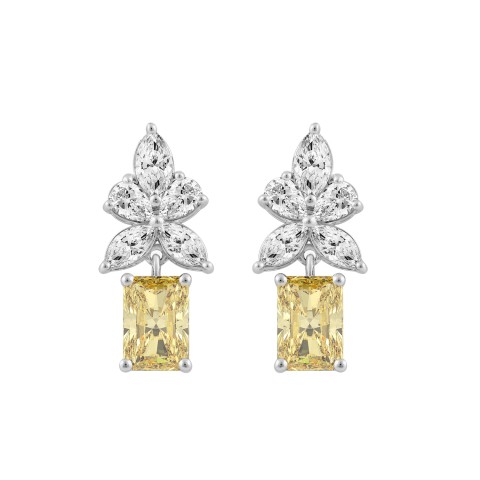 14K WHITE/YELLOW GOLD 3.00CT PEAR/MARQUISE/YELLOW RADIANT DIAMOND LADIES EARRING  (CENTER STONE RADIANT DIAMOND 1CT)