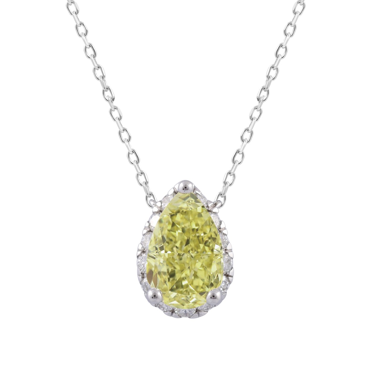 14K WHITE GOLD 1 3/4CT ROUND/YELLOW PEAR DIAMOND LADIES PENDANT WITH CHAIN (CENTER STONE PEAR DIAMOND 1 1/2CT)