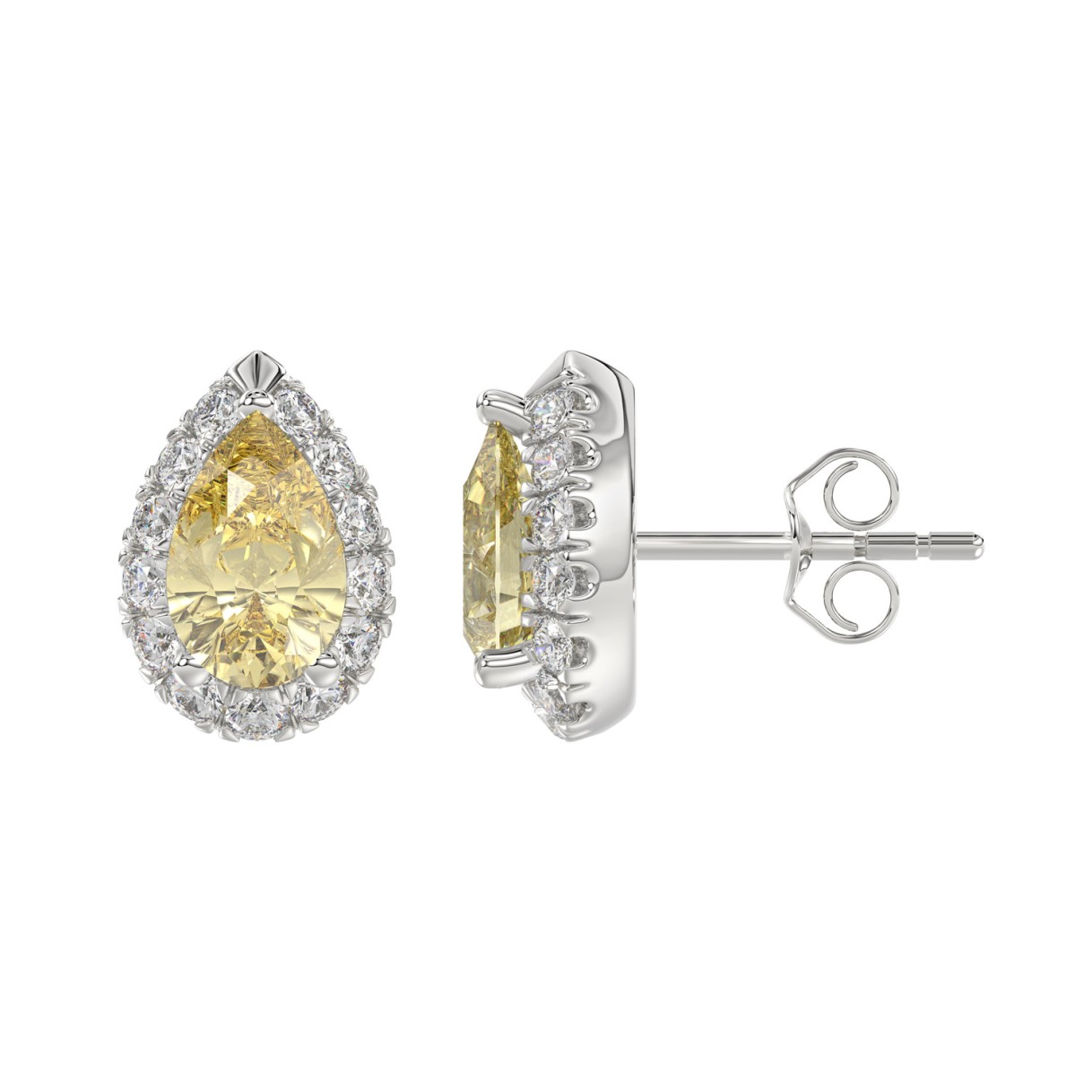 14K WHITE GOLD 2 1/2CT ROUND/YELLOW PEAR DIAMOND LADIES EARRING (CENTER STONE PEAR DIAMOND 1CT)