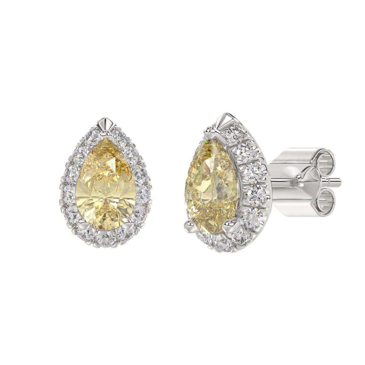 14K WHITE GOLD 2 1/2CT ROUND/YELLOW PEAR DIAMOND LADIES EARRING (CENTER STONE PEAR DIAMOND 1CT)