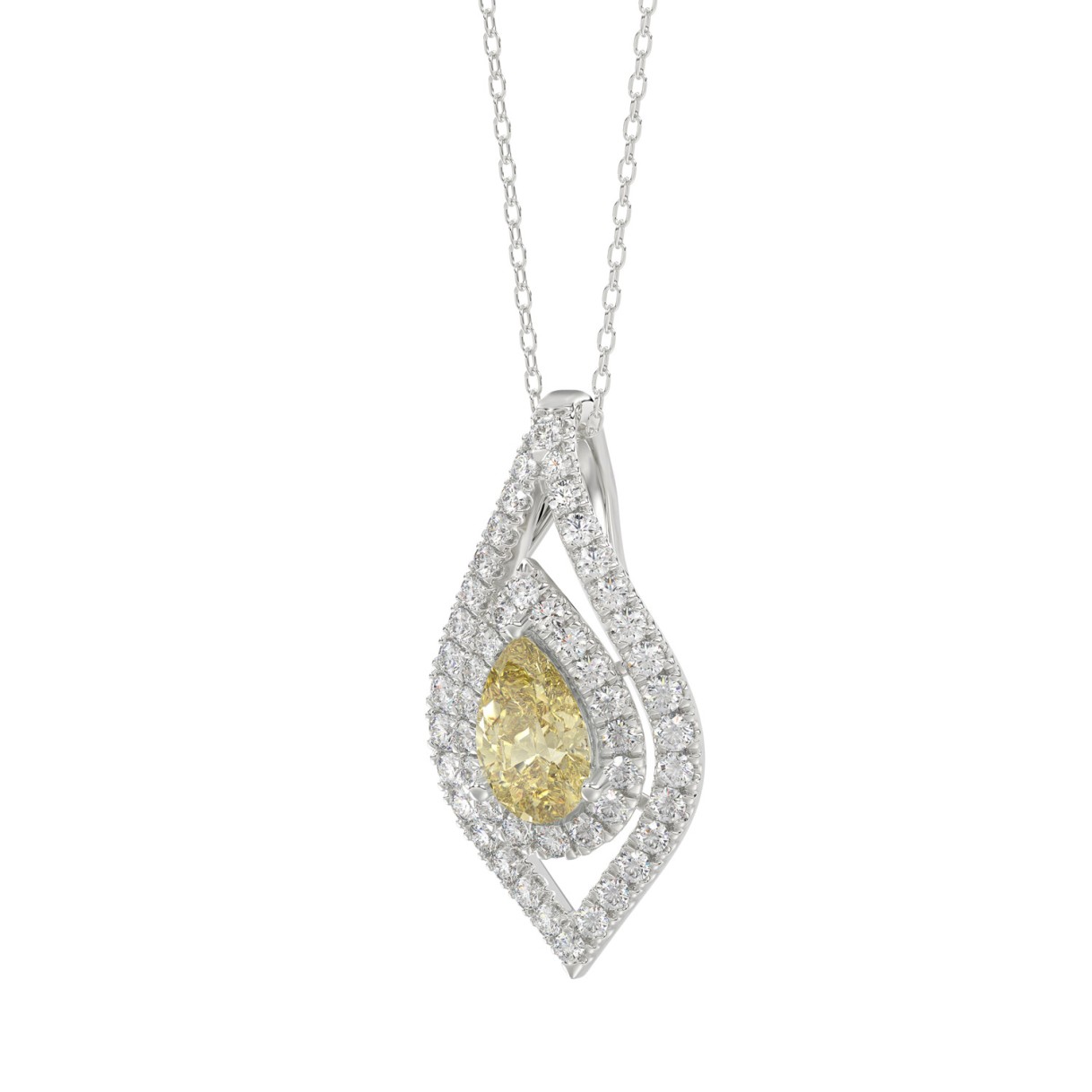 14K WHITE GOLD 1 1/2CT ROUND/YELLOW PEAR DIAMOND LADIES PENDANT WITH CHAIN