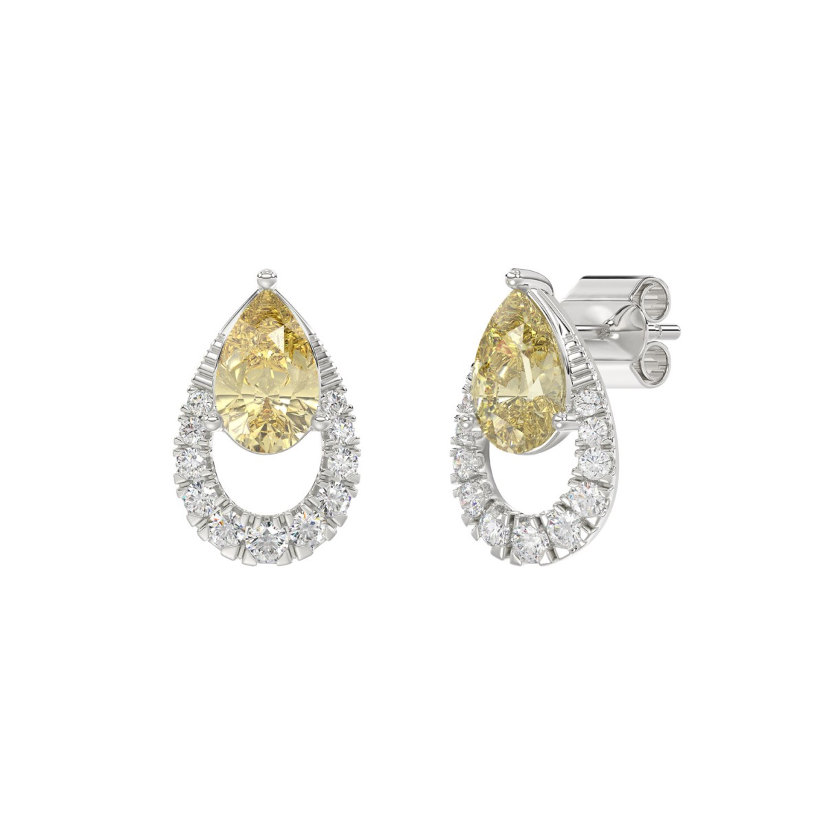 14K WHITE GOLD 2 1/2CT ROUND/YELLOW PEAR DIAMOND LADIES EARRINGS