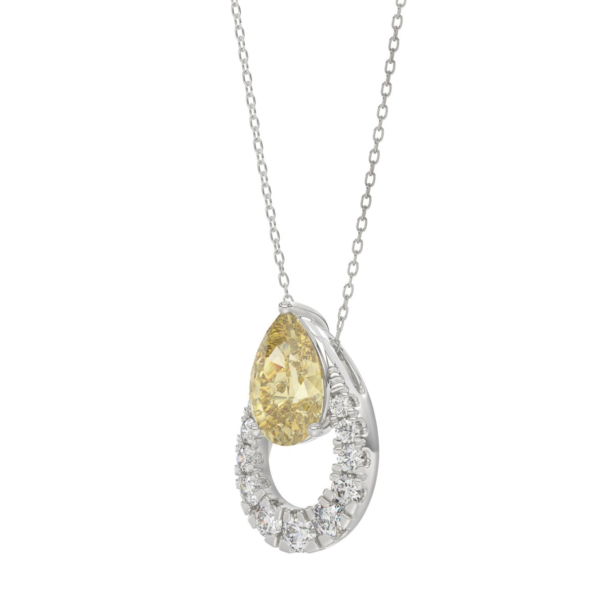 14K WHITE GOLD 2.00CT ROUND/YELLOW PEAR DIAMOND LADIES PENDANT WITH CHAIN