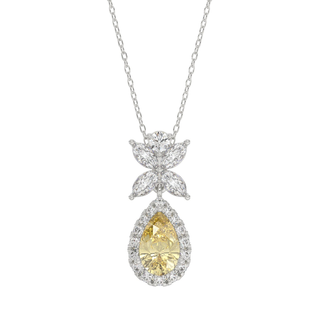 14K WHITE GOLD 2 1/2CT ROUND/MARQUISE/YELLOW PEAR DIAMOND LADIES PENDANT WITH CHAIN