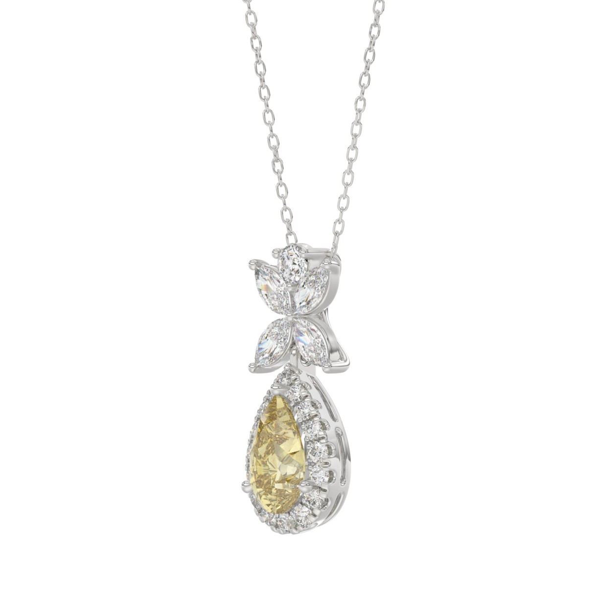 14K WHITE GOLD 2 1/2CT ROUND/MARQUISE/YELLOW PEAR DIAMOND LADIES PENDANT WITH CHAIN
