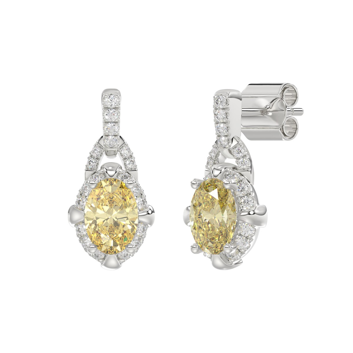 14K WHITE GOLD 2 1/3CT ROUND/YELLOW OVAL DIAMOND LADIES EARRINGS
