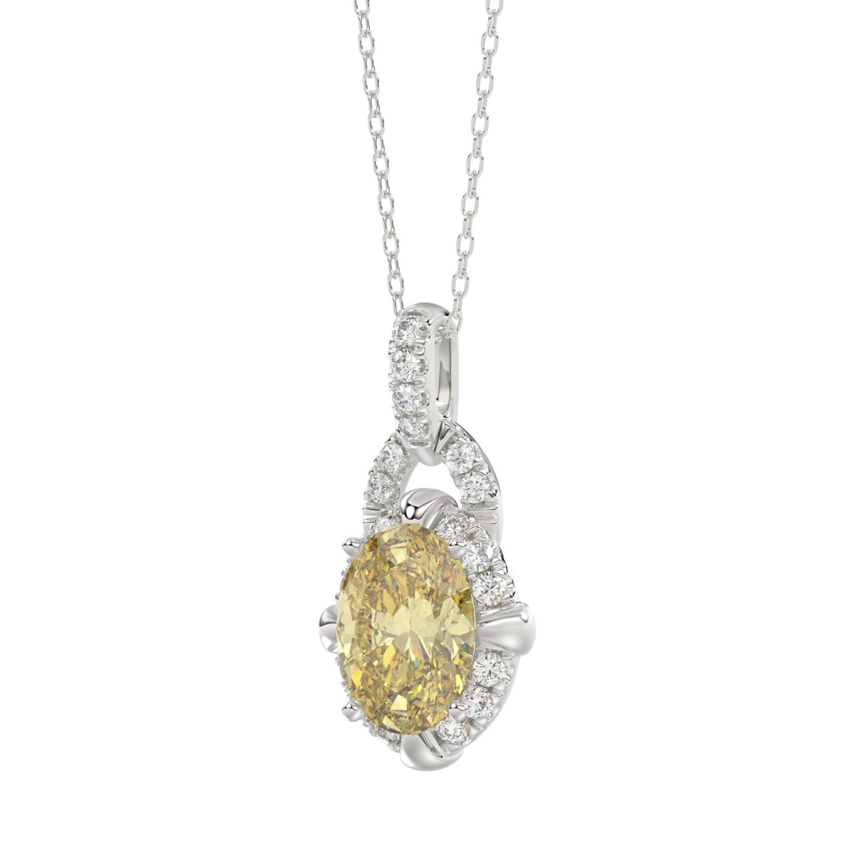 14K WHITE GOLD 1 3/4CT ROUND/YELLOW OVAL DIAMOND LADIES PENDANT WITH CHAIN