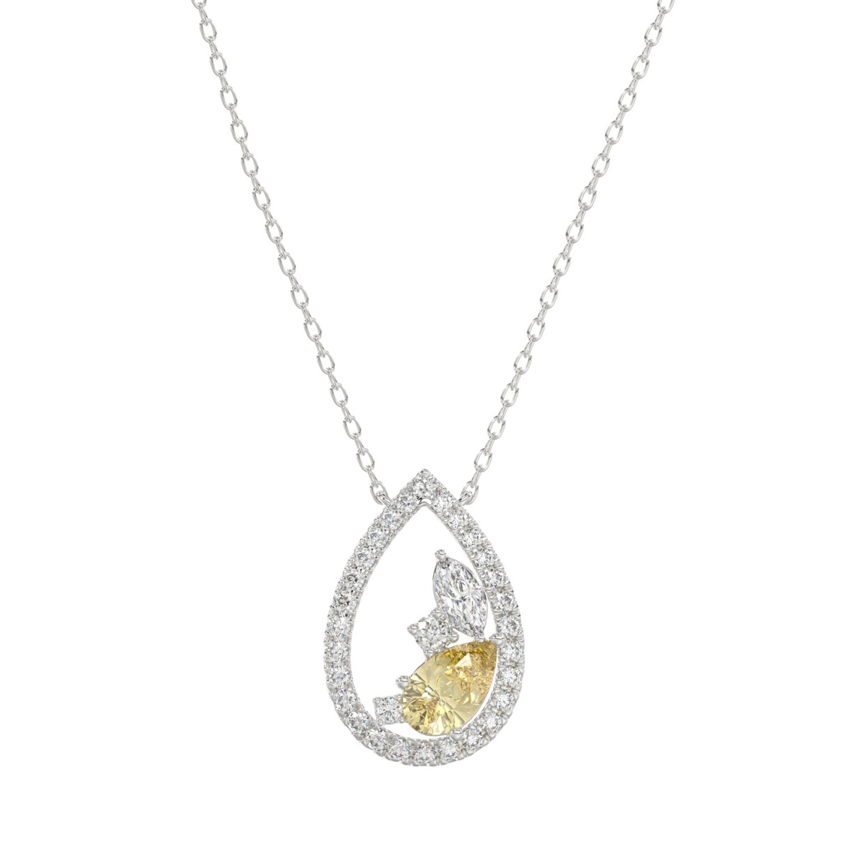 14K WHITE GOLD 1 1/2CT ROUND/YELLOW PEAR/MARQUISE DIAMOND LADIES PENDANT WITH CHAIN